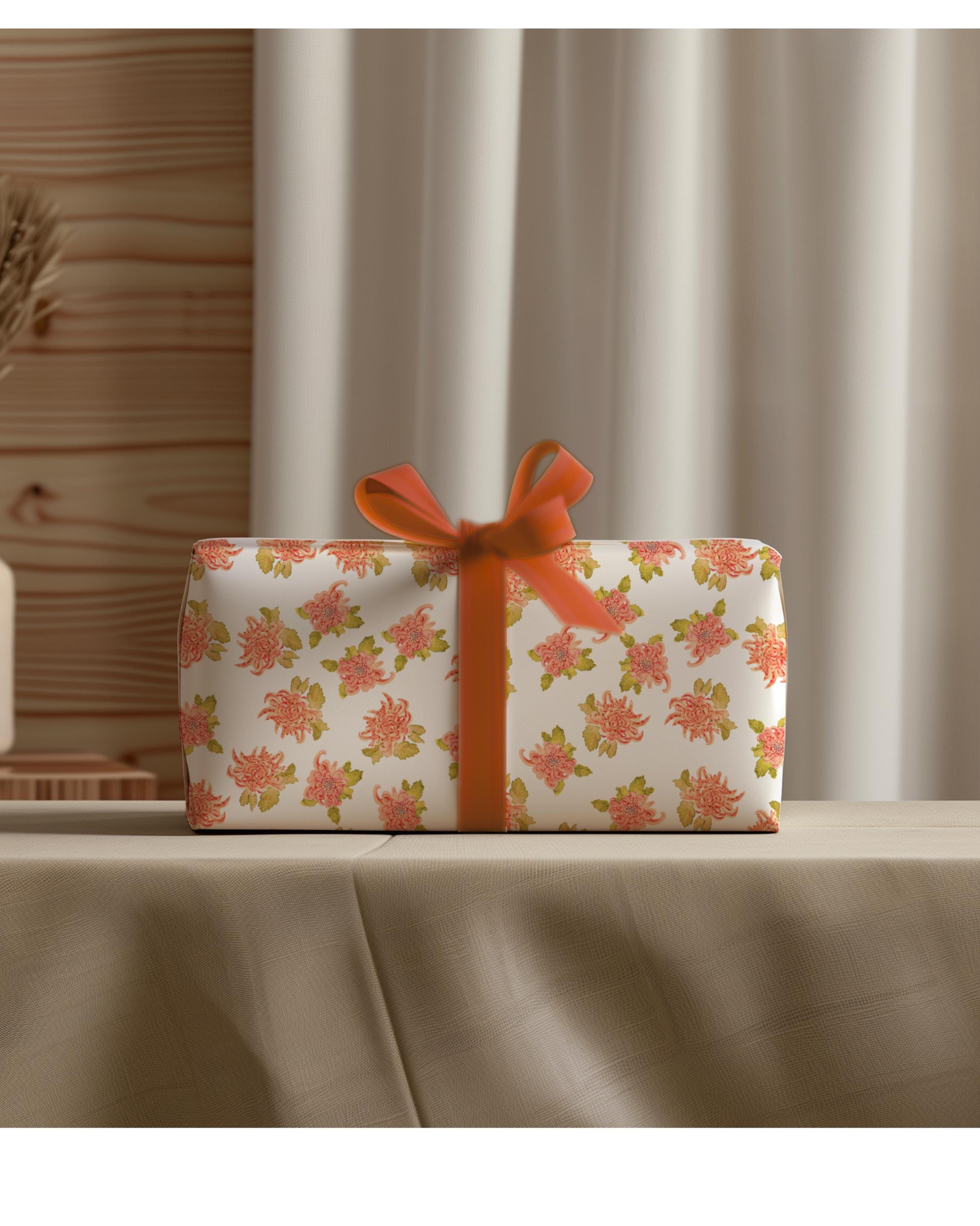Red Mum Floral Wrapping Paper, Watercolor Valentines Day Gift Wrap