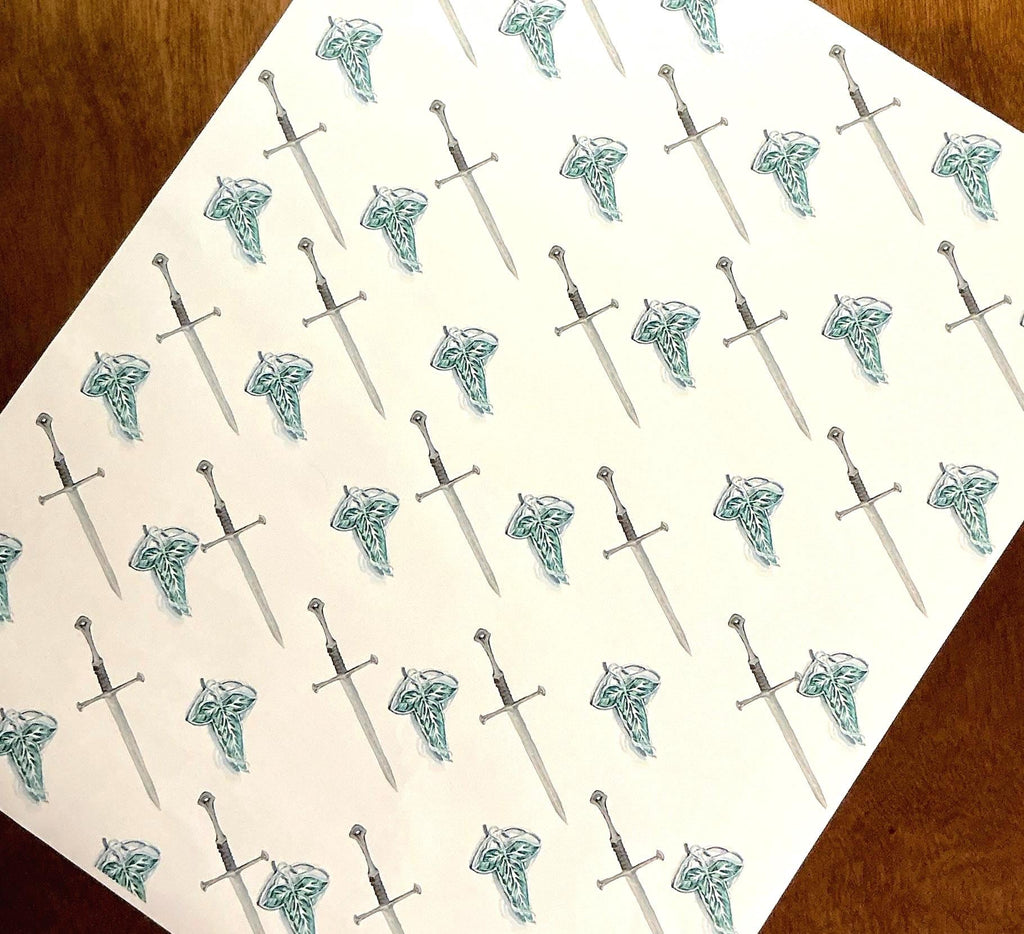 Anduril Sword of King Elessar + Leaf Brooch Wrapping Paper: Aragorn Legendary King Sword Inspired Lord of the Rings Gift Wrap