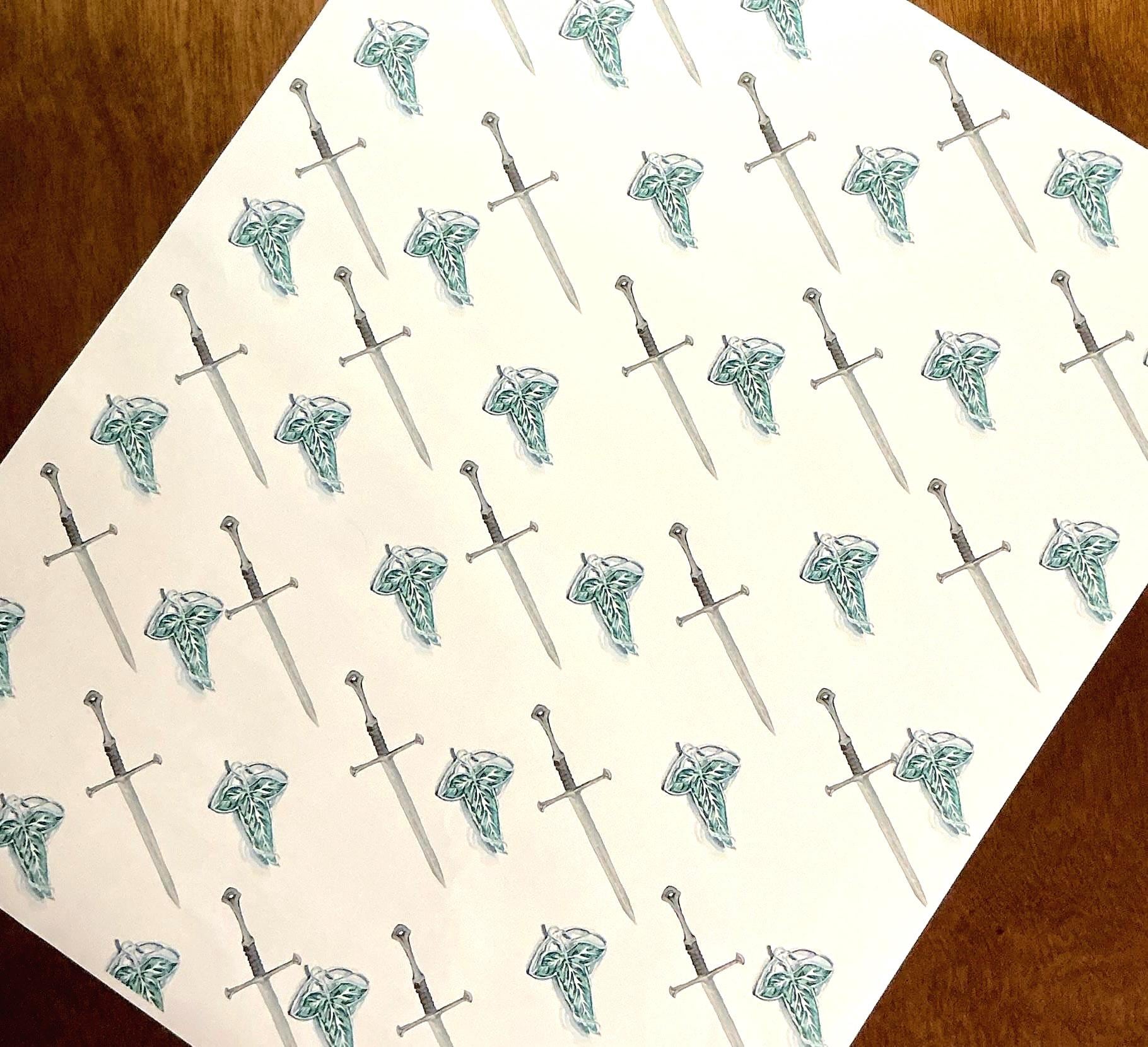 Anduril Sword of King Elessar + Leaf Brooch Wrapping Paper: Aragorn Legendary King Sword Inspired Lord of the Rings Gift Wrap