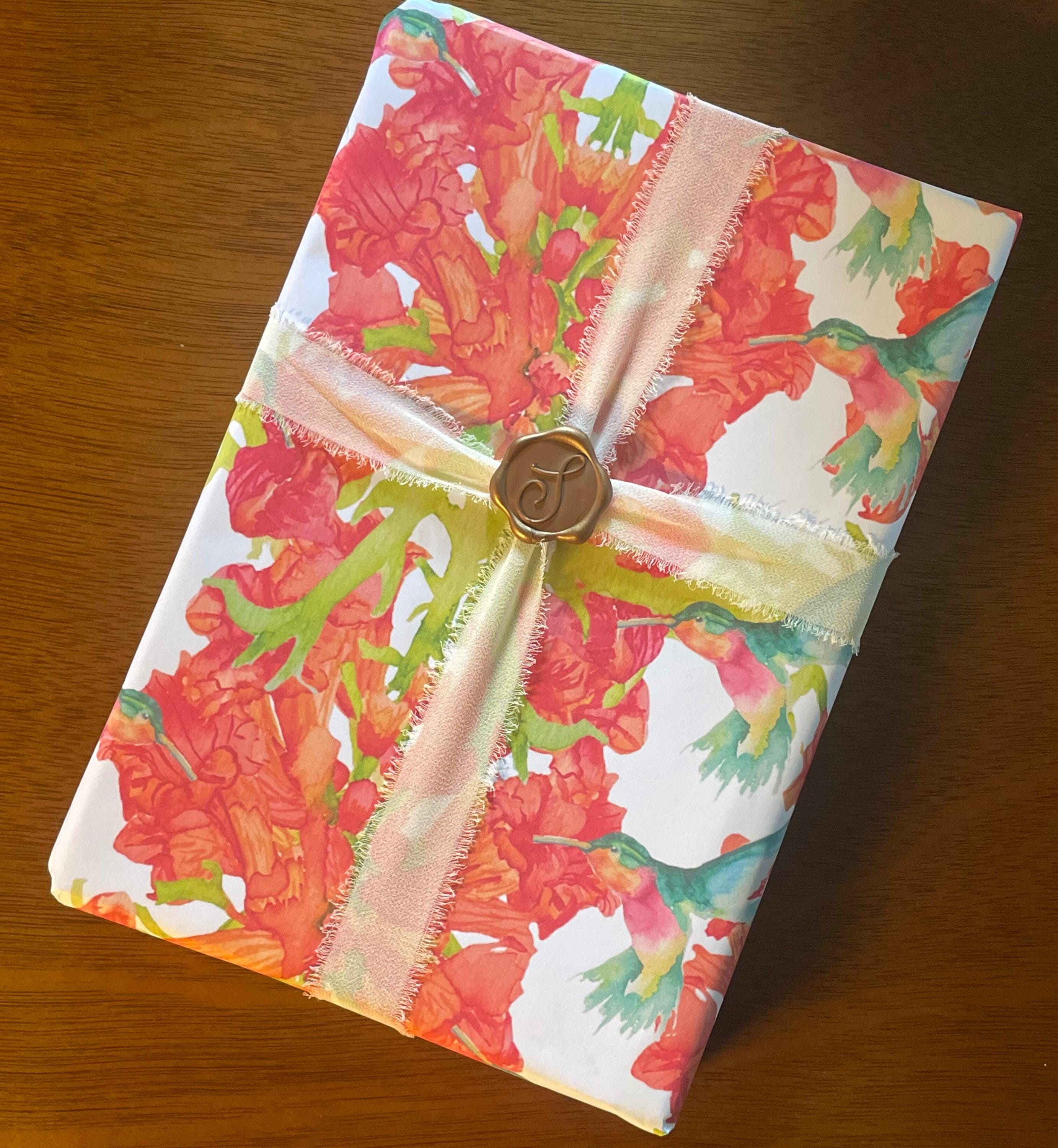 Hummingbird Gift Wrap – Floral Trumpet Vine Watercolor Wrapping Paper for Spring & Summer Gifts