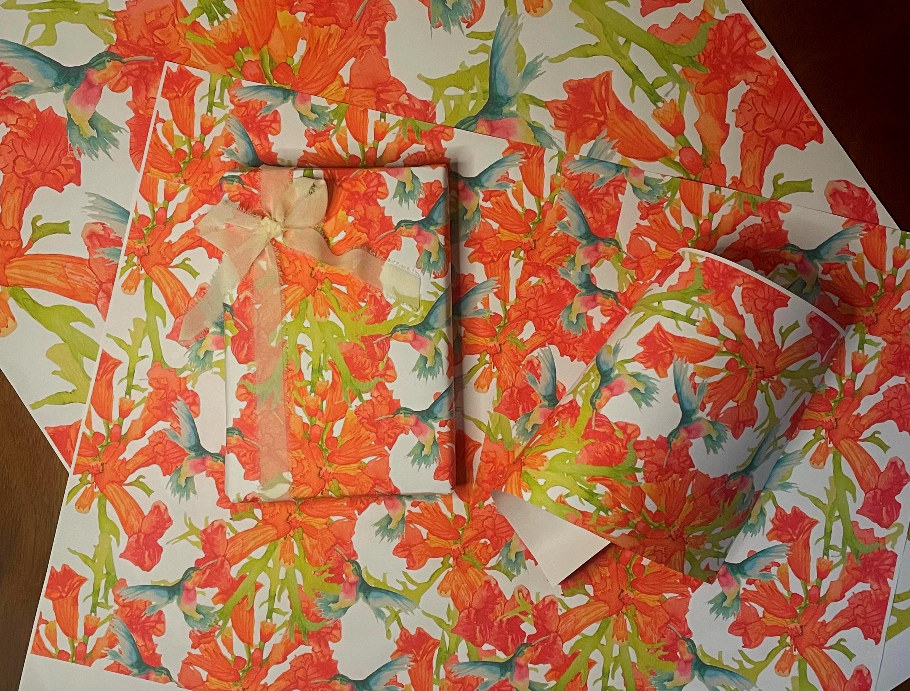 Hummingbird Gift Wrap – Floral Trumpet Vine Watercolor Wrapping Paper for Spring & Summer Gifts