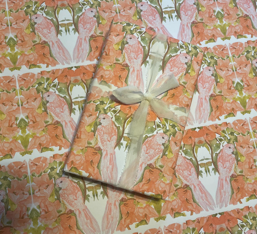 Parakeet Gift Wrap – Pink Floral Wrapping Paper, Watercolor Garden Bird Paper for Spring Gifts