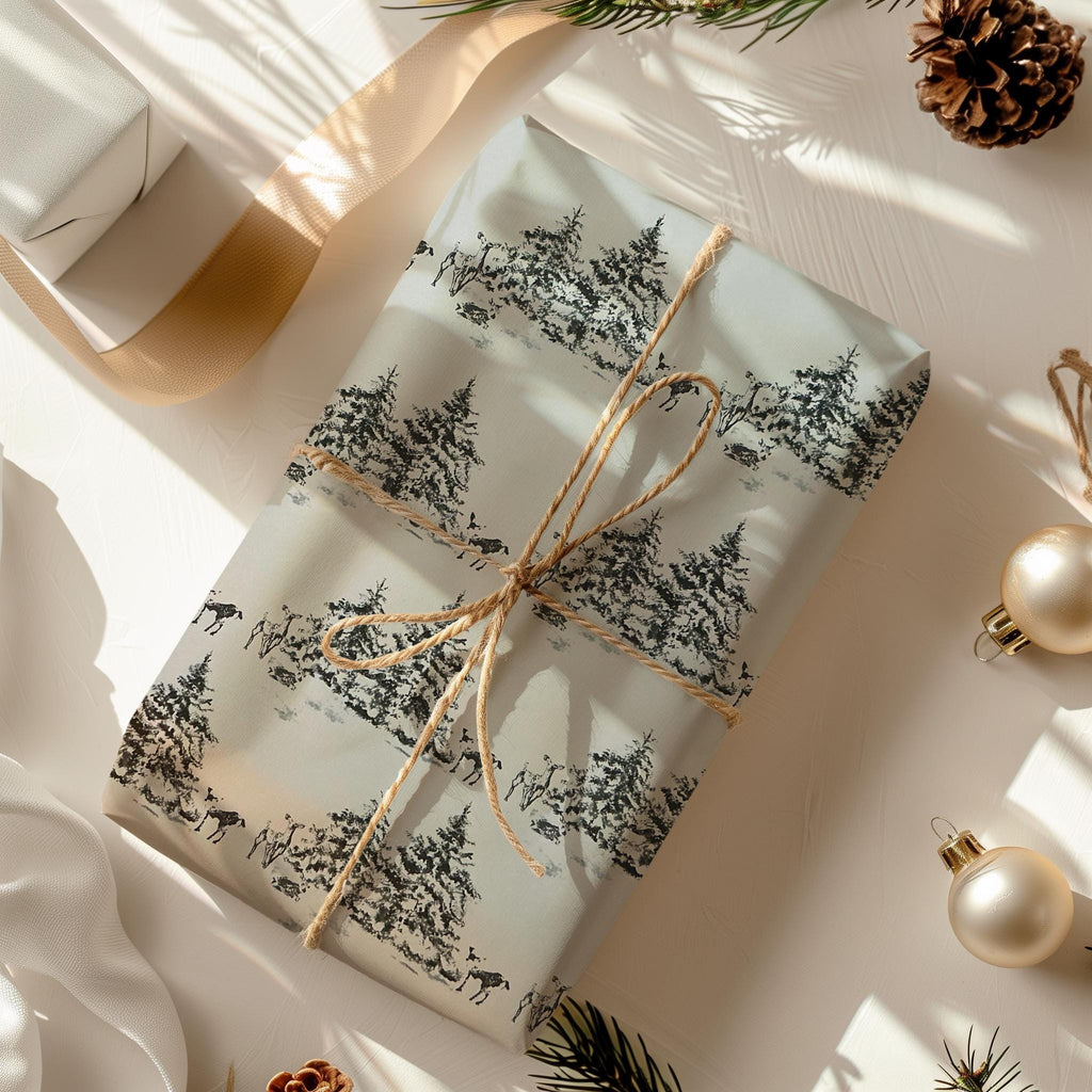 Winter Deer Wrapping Paper, Black and White Watercolor Wrap