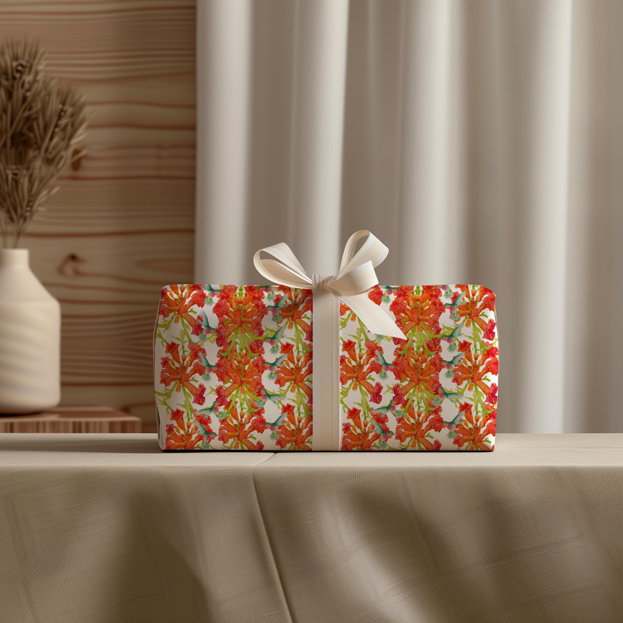 Hummingbird Gift Wrap – Floral Trumpet Vine Watercolor Wrapping Paper for Spring & Summer Gifts