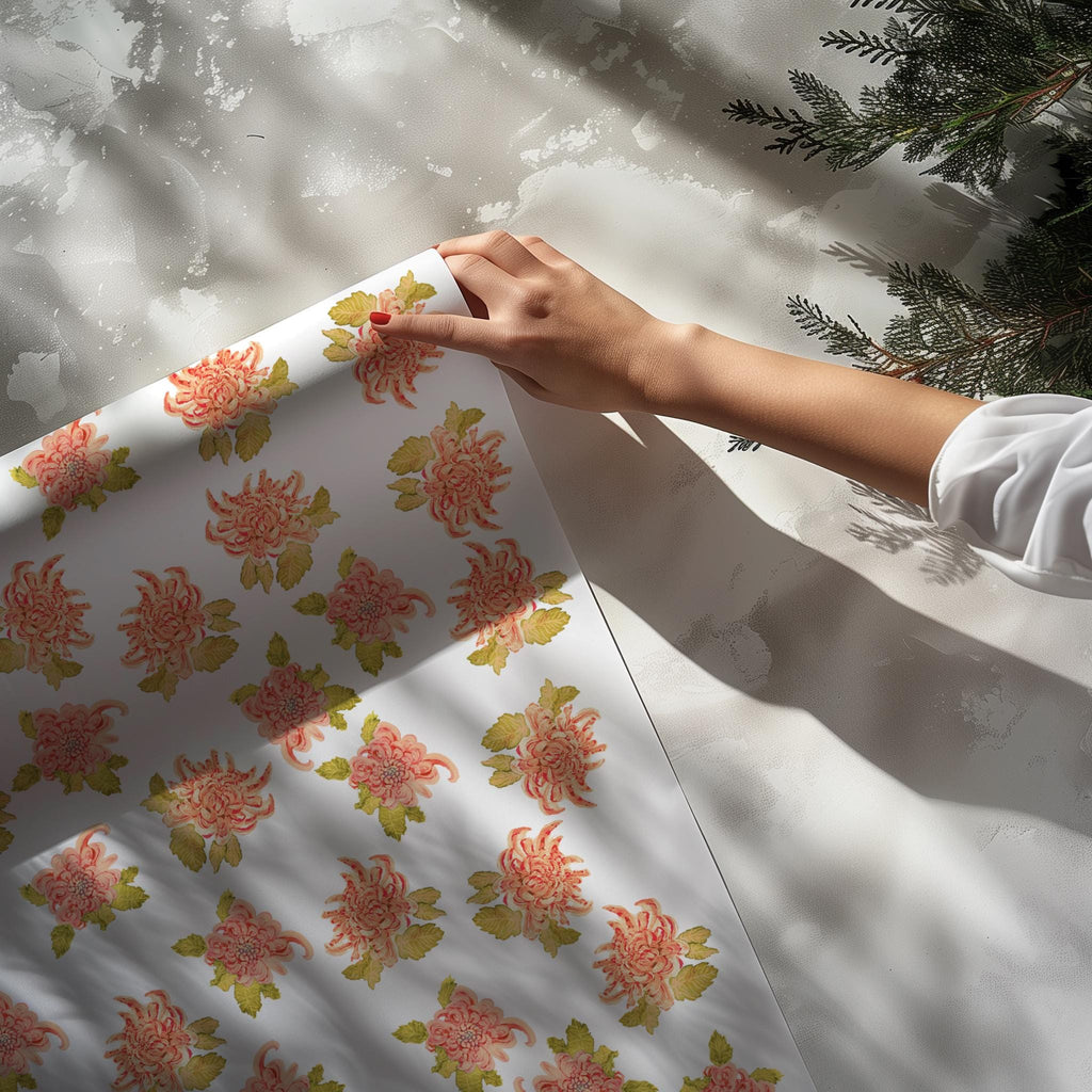 Red Mum Floral Wrapping Paper, Watercolor Valentines Day Gift Wrap